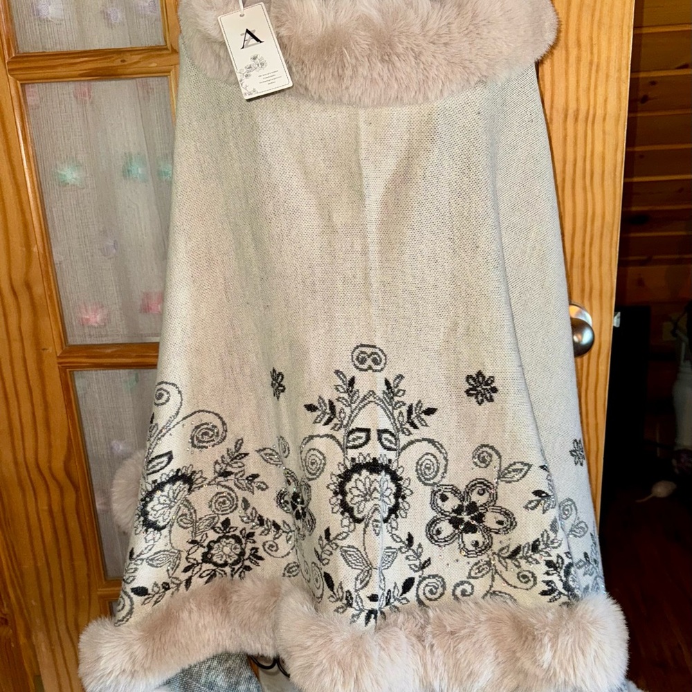 Elegant Beige, Grey, Black Cape with Faux Fur Trim / Shimmer Beading